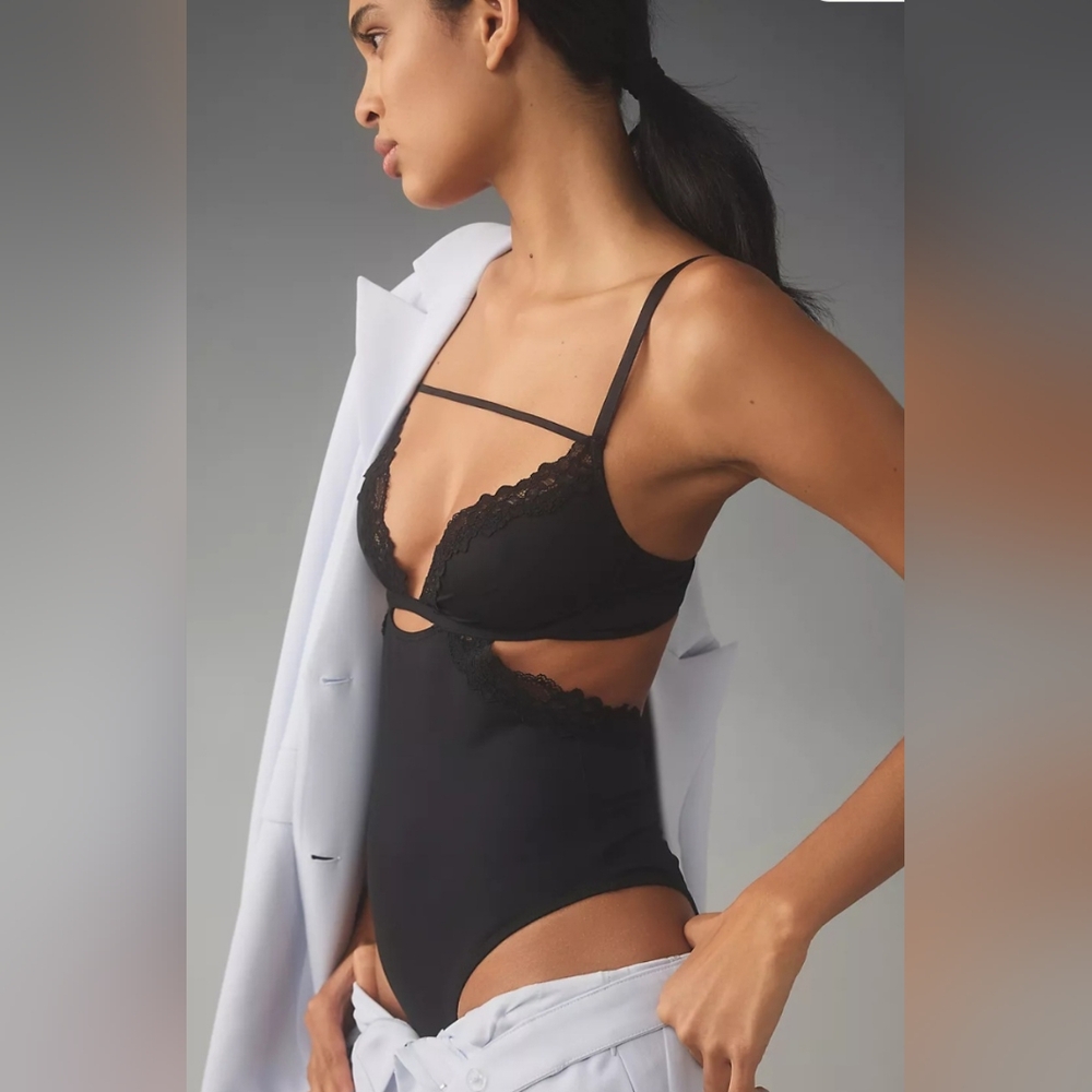 NWT Anthropologie Strappy Cut Out Black Body Suit